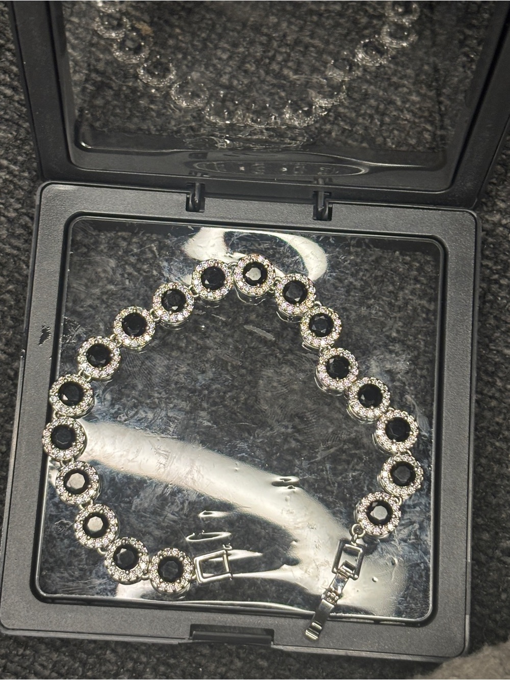 Silver Moissanite Crystal Circle Link Bracelet with Black Centers